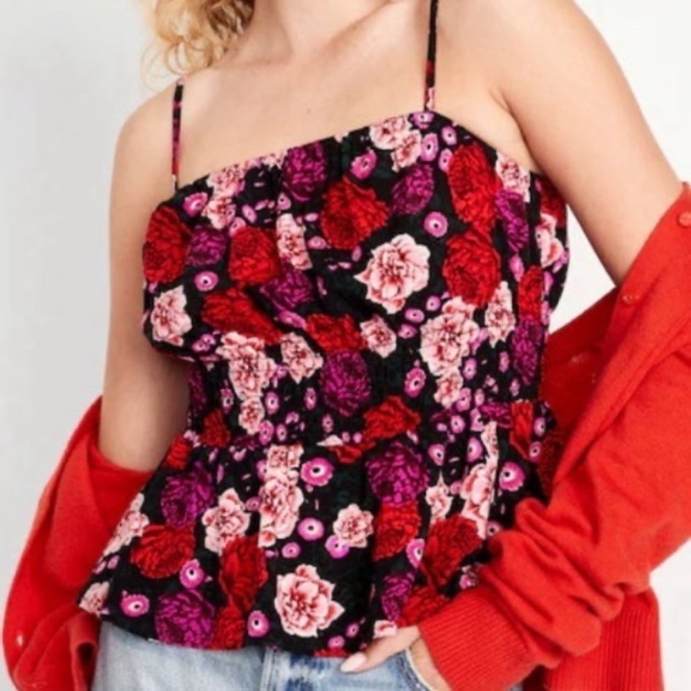 Old Navy Women’s XL Floral Peplum Cami Top Black Red Pink Sleeveless Blouse